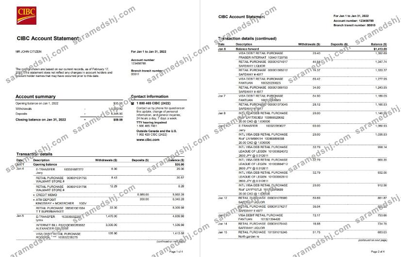 USA CIBC bank statement, Word and PDF template, 4 pages